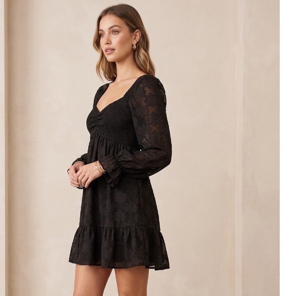Thirty Thirty LA Black Floral Jacquard Smocked Mini Dress Cottagecore Sz  L